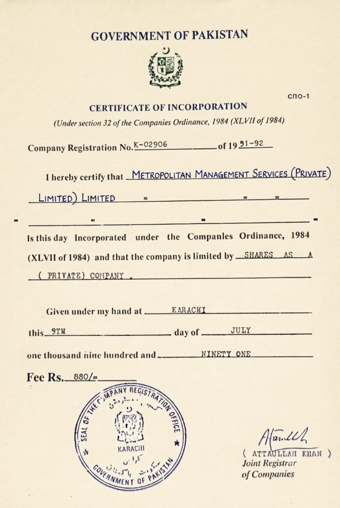 Government of Pakistan - Certificate of Incorporation